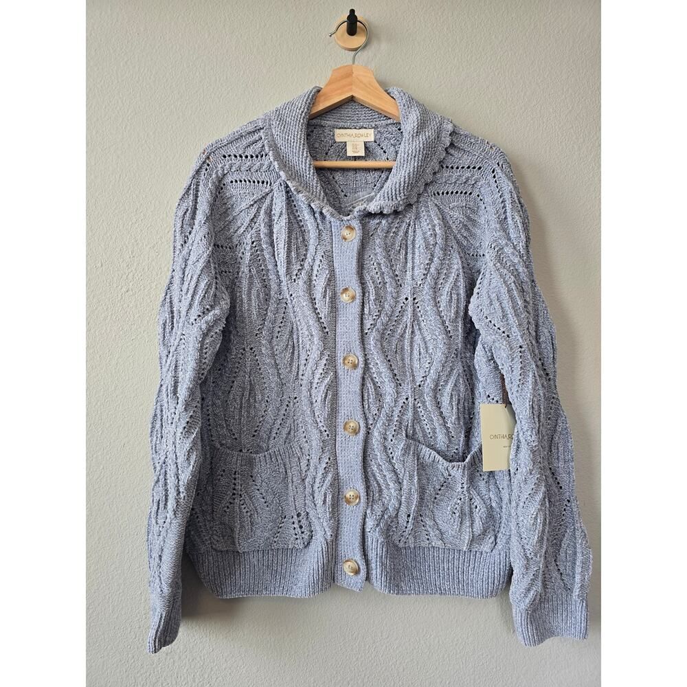 Cynthia Rowley Cardigan M Cable Knit Chenille Blue Button Cozy Cottagecore Comfy